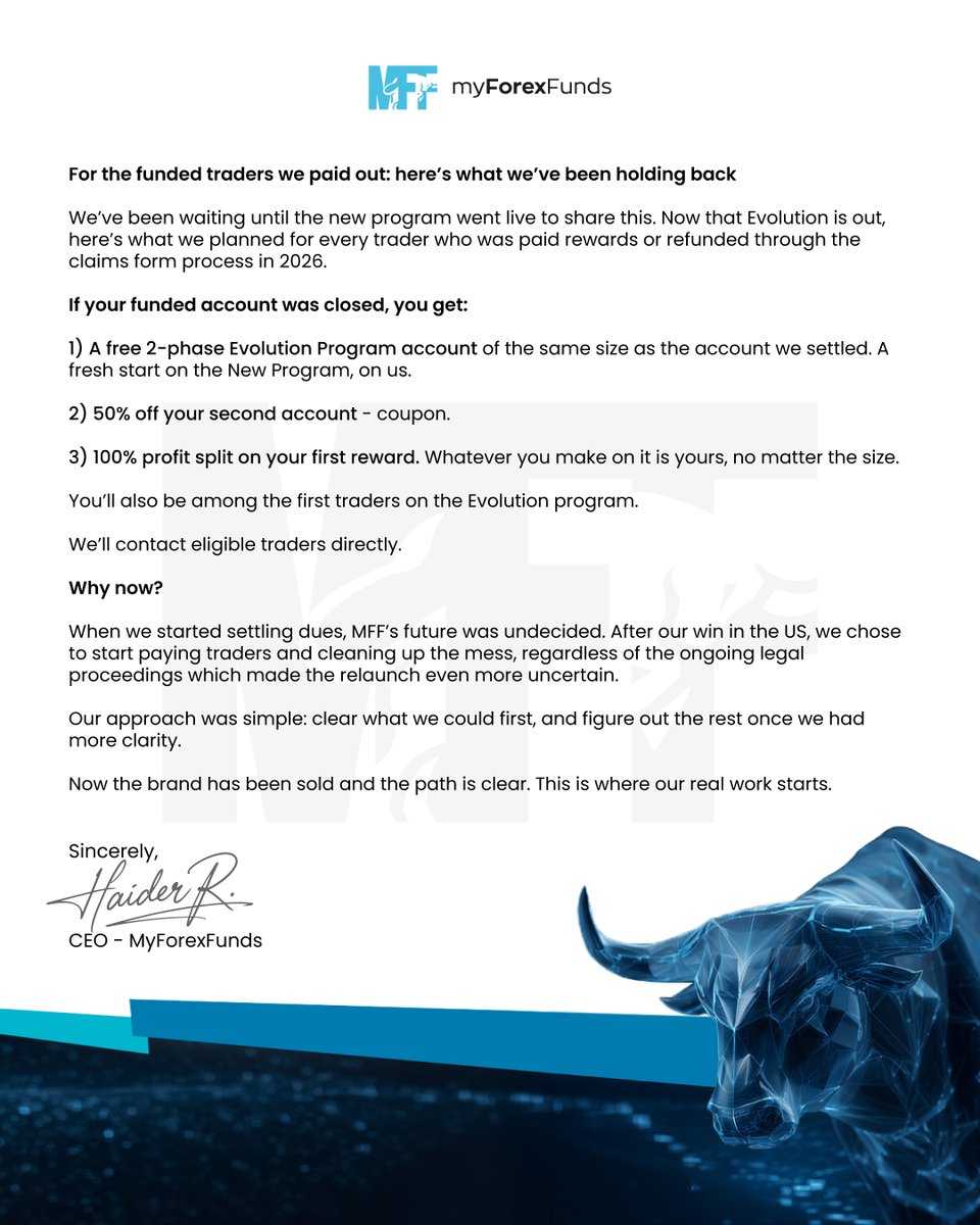 MyForexFunds's tweet photo. We haven’t forgotten about you 🤝

Now that Evolution is live, we have something special planned for traders whose accounts were settled in 2026.

🔵 A fresh start, exclusive benefits, and a new opportunity with MyForexFunds.

Eligible traders will be contacted directly with all the details 📩