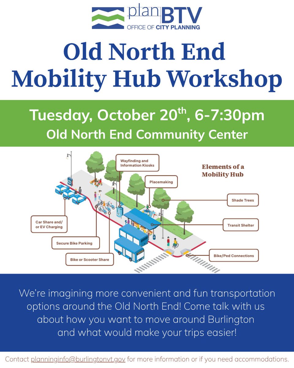 RideGMT's tweet photo. 🚌 Help shape transportation in Burlington's Old North End!

GMT will be at the Mobility Hub Workshop tonight to hear your ideas for better transit, walking &amp; biking connections.

📅 Oct. 20 | 6–7:30 PM
📍 Old North End Community Center

Come share your thoughts! 💚 https://t.co/UNRcSihzNz