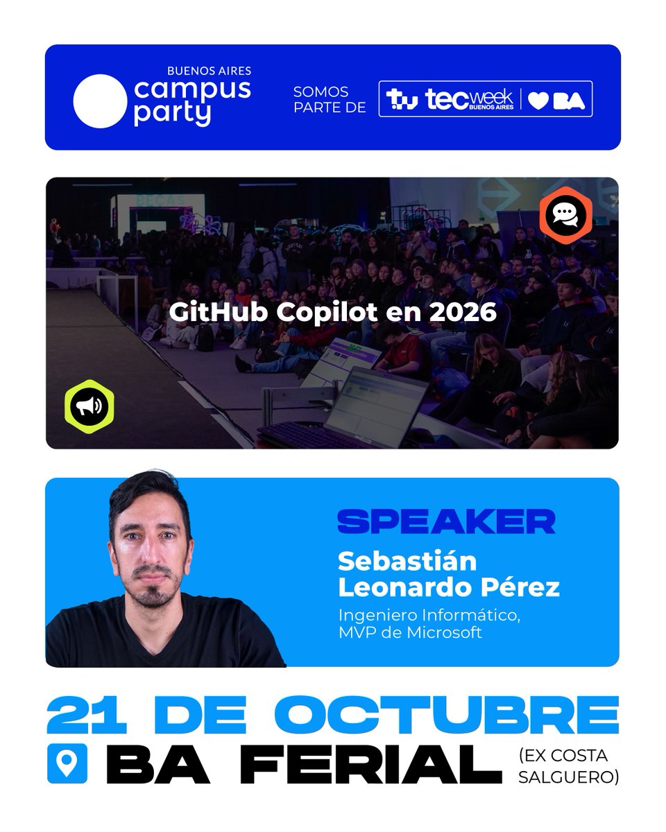 sebaleoperez's tweet photo. ¡Nos vemos en Campus Party Buenos Aires 2026!
Este miércoles 21 de octubre voy a estar participando como speaker en Campus Party, en el marco de la Tecweek Buenos Aires, con una charla sobre “GitHub Copilot en 2026” 🤖💻 ¡Los espero!
#CampusParty #TecweekBA #GitHubCopilot https://t.co/h2pZnrLyWx