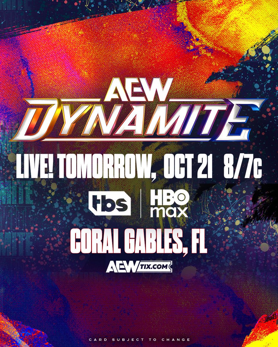 AEW's tweet photo. Watch the fallout from #AEWWrestleDream, as well as the in-ring debut of @UNBESIEGBAR_ZAR on #AEWDynamite TOMORROW, LIVE from Coral Gables, FL at 8/7c on TBS + HBO Max! https://t.co/0L5t0c8O9s