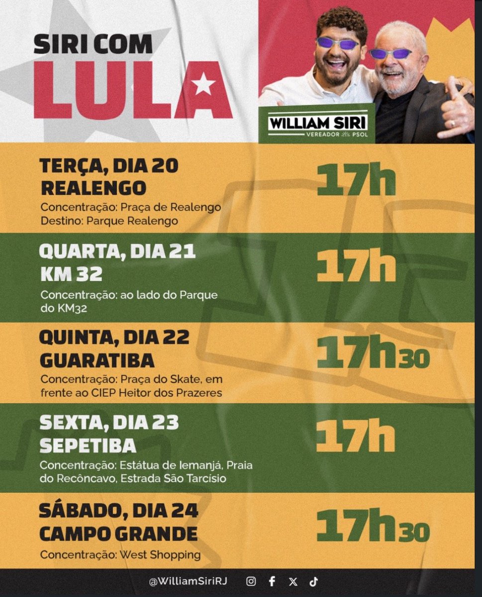 WilliamSiriRJ's tweet photo. Pediram um calendário de atividades da Zona Oeste com Lula para os próximos dias

Veio aí.

Vamos juntos com o Presidente Lula. É  13! Espalha pra geral e vamos rumo à vitória ⭐️ https://t.co/WYeooj7olX
