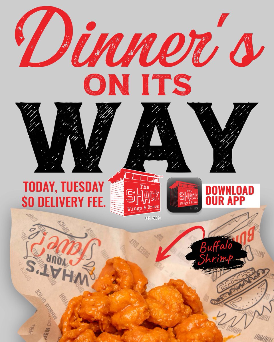 wingshack1's tweet photo. Tuesday math:

Cooking = effort ❌
Dishes = annoying ❌
Leaving the house = unnecessary ❌
The Shack = FREE DELIVERY ✅🍗

Order through The Shack app every Tuesday!

📲 Download now from the App Store or Google Play.

#TheShack #ElPaso https://t.co/pFlYCcZeSN