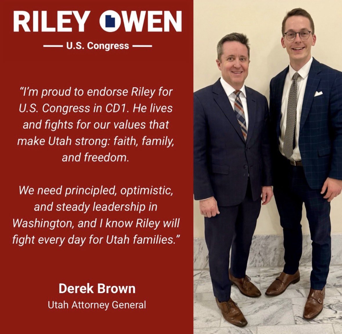 SophieAnde49073's tweet photo. This is the brand of “Republican” that is destroying 
Utah. 

Riley Owen, now the GOP nominee for UT - 1 is the CEO of North Carolina megadonor Jay Faison’s Doers Network. 

This Doers Network is quietly funding and installing more “politely pragmatic
Republicans in the mold of John Curtis and Spencer Cox. 

This is the same brand pushing bipartisan state-sponsored migrant visa pilots that expand foreign guest-worker pipelines over jobs for Utahns. 

Utah’s establishment is all in. Attorney General Derek Brown is publicly endorsing Owen, praising him for fighting for “faith, family, and freedom” and “principled leadership.” 

Out-of-state money + local installation = the moderate machine destroying our state.