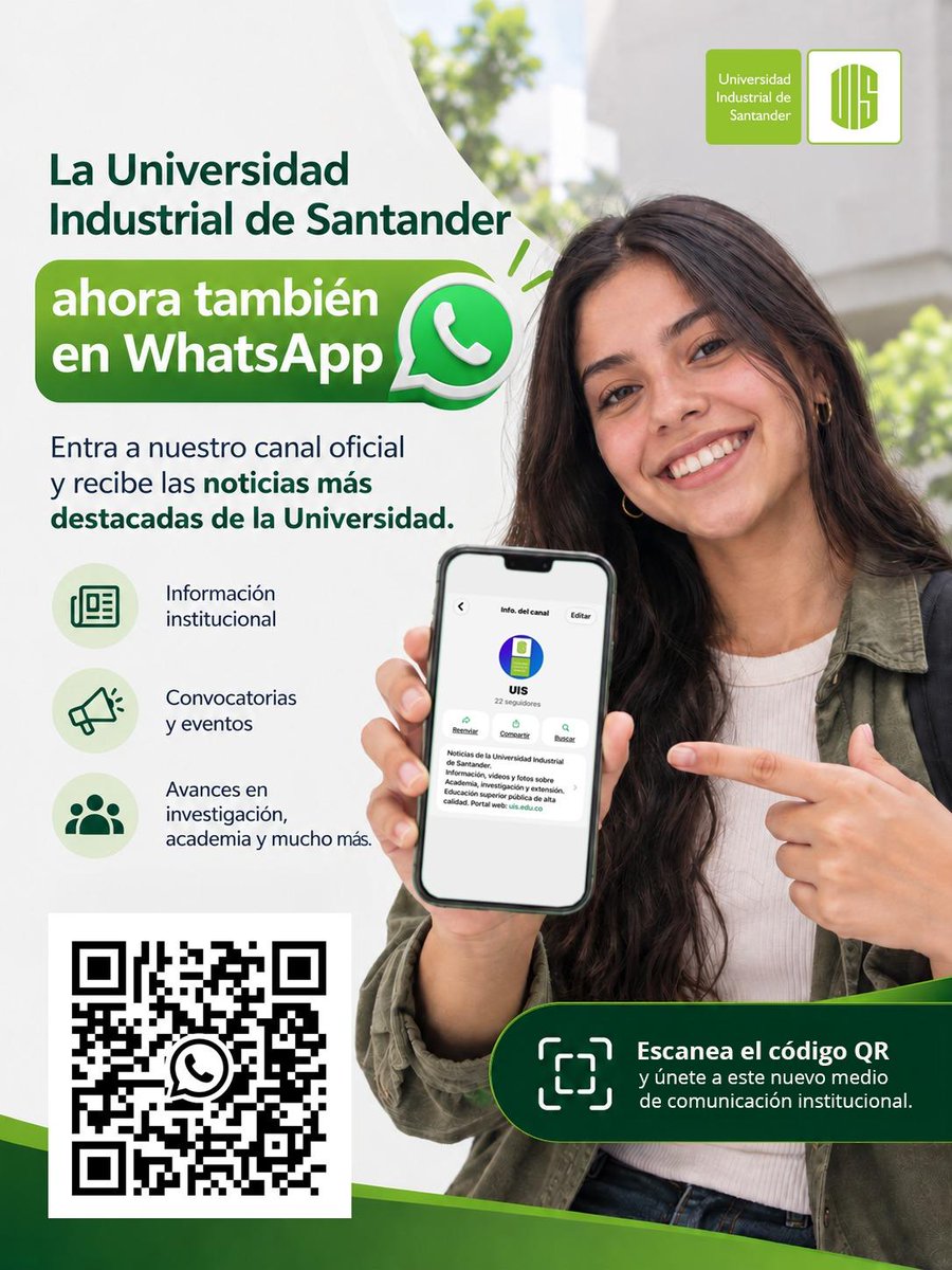 UIS's tweet photo. ¡La UIS ahora está en tu WhatsApp! 

Estrenamos el canal oficial, un espacio diseñado para mantener informada a toda la comunidad con lo más relevante de nuestra institución.

 Escanea el código QR para unirte o sigue este enlace: https://t.co/g4pO8cwJdz https://t.co/WWbv0I6r3P