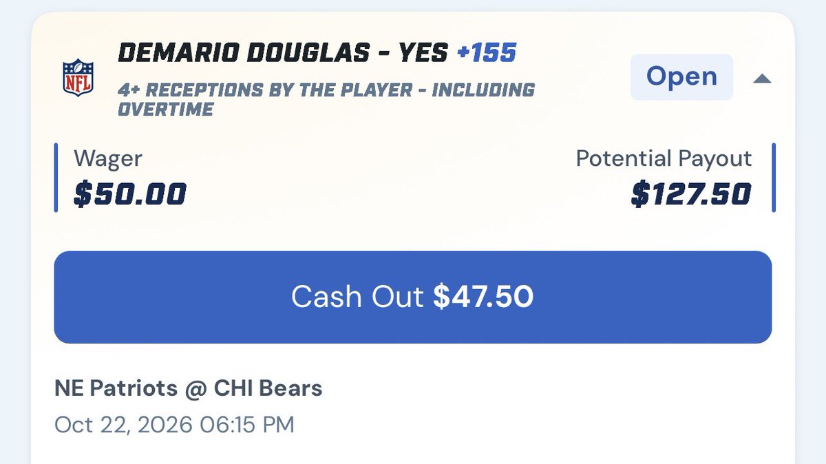 SpacedOutBets's tweet photo. NFL Week 7 Twitter play (1U): 

Doubs to IR, AJ with multiple drops last week, and Douglas saw 8 targets last week. Seems like someone Maye trusts right now, game also has a 51 point total. https://t.co/lnVyEF4DvS