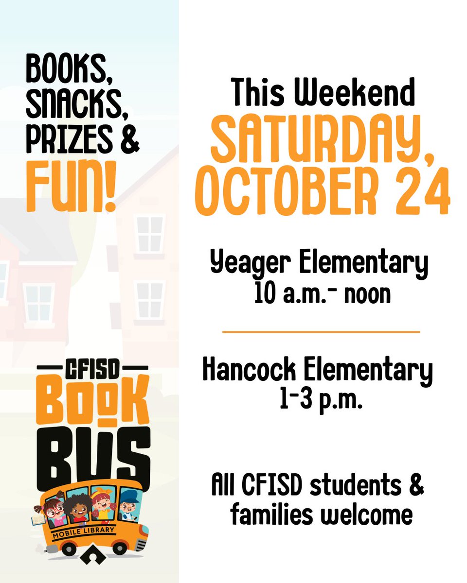 CyFairLibraries's tweet photo. The @CyFairISD Book Bus will be at @CyFairYeager and @CFISD_Hancock this Saturday! Stop by for books and snacks and fun. Books can be returned to the home campus library. Stop by and CHECK IT OUT! 📚🚌❤️ https://t.co/Ghp56TsZ9q