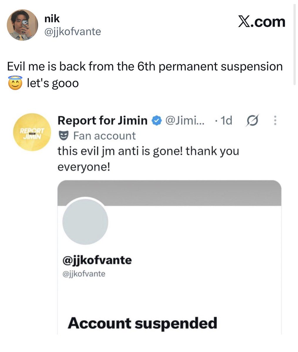 Jiminreport_'s tweet photo. 🐽 @jjkofvante is back with more lies, claiming this is her sixth permanent suspension when it was actually her first. keep reporting her account ‼️ https://t.co/vTWePSCdsj