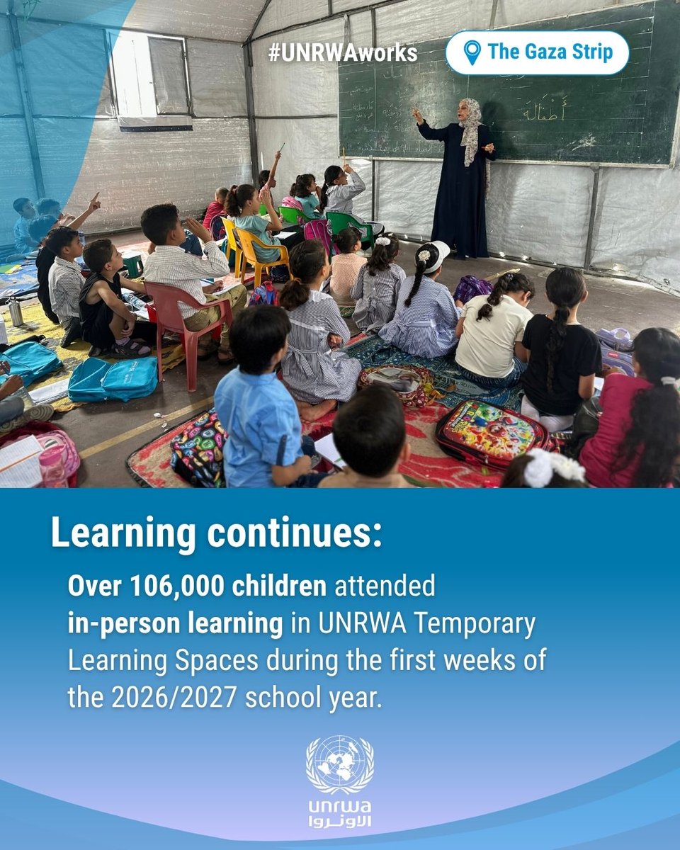 UNRWA's tweet photo. Across #Gaza and the occupied #WestBank, including East Jerusalem, UNRWA teams continue supporting #Palestine Refugees.

In Gaza, more than 100,000 children accessed in-person learning during the first weeks of the school year, an important step towards expanding access to education across the Strip.

In the occupied West Bank, our 4,500 UNRWA personnel continue providing education, health and other essential services, including support to thousands of Palestine Refugees displaced from camps in the northern West Bank.  

#UNRWAworks  #FundUNRWA

Full report: https://t.co/ezKzoRZWFS