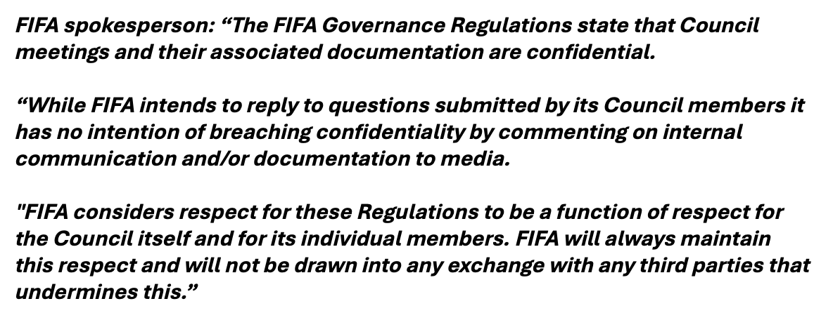 RobHarris's tweet photo. NEW - FIFA says it "intends to reply to questions submitted" by UEFA but considers the documents confidential: "It has no intention of breaching confidentiality by commenting on internal communication and/or documentation to media" https://t.co/AVULSwzU32