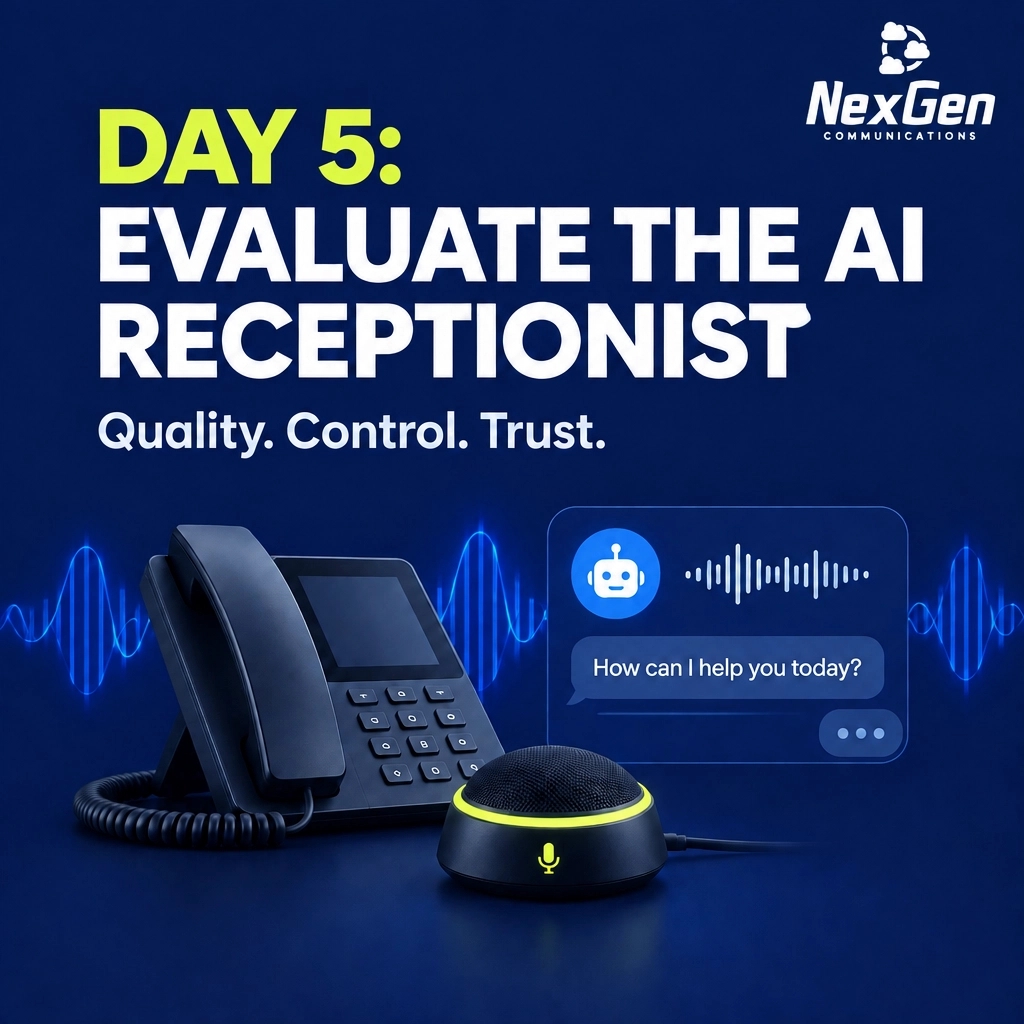 NexGenComm's tweet photo. Before choosing an AI receptionist, check call quality, integrations, human escalation, permissions, privacy, analytics, customization, reliability, and support. #AI #VoiceAI #CustomerExperience #Business #Technology https://t.co/piHfU9Hx2f