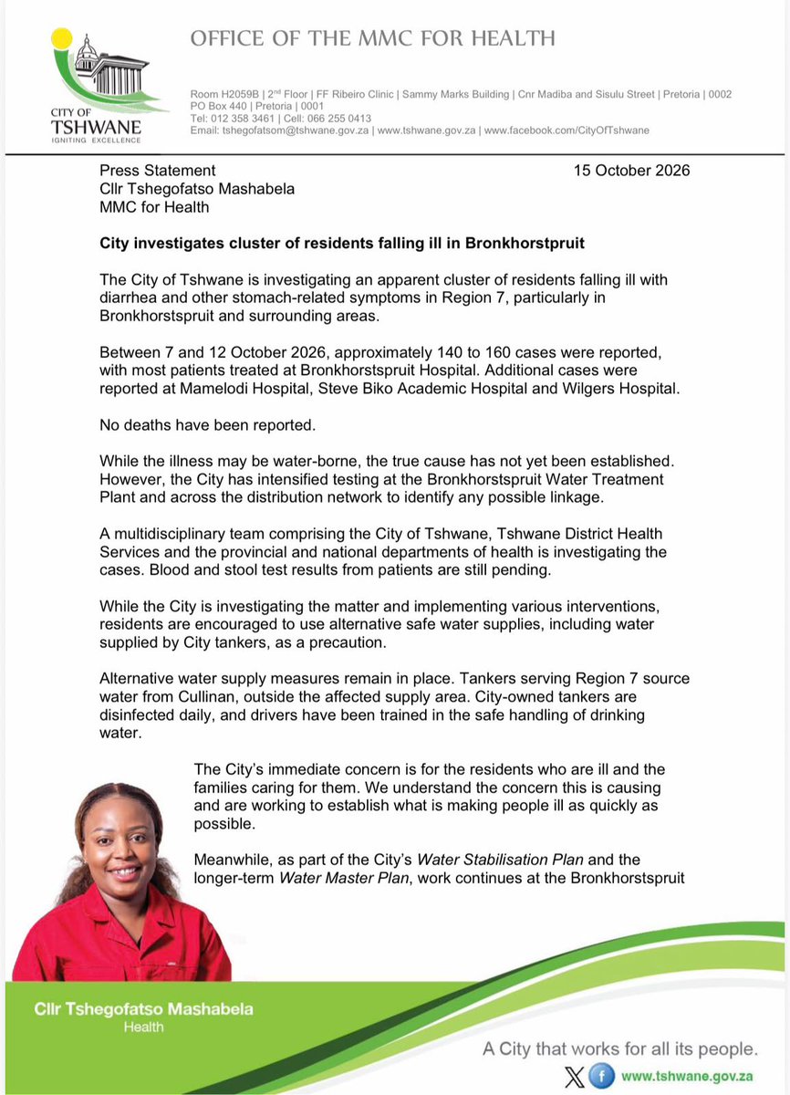 Ngwana_Badimu's tweet photo. @ME_Beaumont and @HermanMashaba, let me help you, since you clearly don't know how the City you govern works.

I am the MMC of Health. My job was to sound the alarm on what looked like a diarrhoea outbreak, and I did. It was OUR Health Department, with the Tshwane District, that picked up the high numbers. Not your Mayor. Not your City Manager. Us.
Now let's talk about who actually failed.

Your Mayor is responsible for ROC and the water business unit. Your MMC of Corporate and Shared Services is responsible for Bronkhorstspruit. Your City Manager, the man you defended with everything, heads the administration. Where is he? On vacation, while children are falling ill.

So answer this, what does Health have to do with your incompetent officials who could not procure chlorine for three weeks, and then kept quiet until we exposed the crisis?

Was Health supposed to guess that your administration was feeding the public contaminated water? Were we supposed to procure the chlorine too? Must Health now run your water unit because your people can't?

Health told residents not to drink the water. Your administration let them drink it. That is a violation of human rights, and you want to talk about hypocrisy?

Spare us the deflection. 

#EFFInGovernment