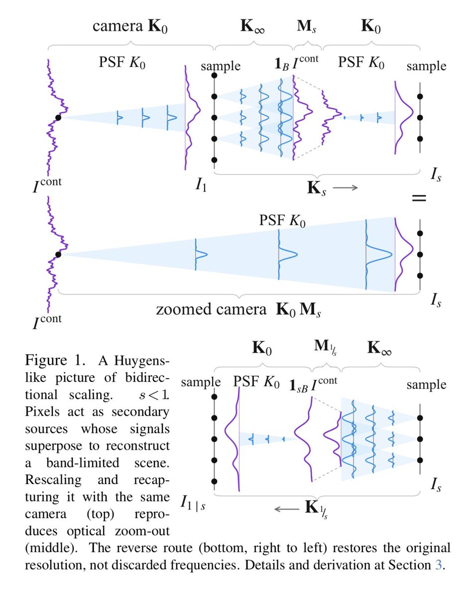 ssh4net's tweet photo. A Unified Theory of Image Scaling: Point Spread Functions, Discrete Kernels, and Scale-Spaces

Assaf Shocher (Technion – Israel Institute of Technology)

https://t.co/jOuR7eafLe

Abstract:
We derive the optically aligned system of image-scaling operators Ks that reproduces optical zoom (exact zoom-out, canonical zoom-in), by identifying a Huygens-like consistency principle in which each pixel acts as a secondary source. The system is determined in closed form by the camera's point spread function (PSF), itself the operator K0. The operators compose, Ks′∘Ks = Kss′ (with band projection for down-up), and account for both upscaling and downscaling, which form a Moore-Penrose pseudoinverse pair, K1/s = K†s. We show that image scaling, as routinely practiced, is neither optically faithful nor internally consistent; for example, common anti-aliasing rules generally correspond to no camera, and two resizes by a factor of 1/2 generally do not equal one resize by a factor of 1/4. Gaussian scale-space kernels cannot be exact finite-aperture PSFs. Gaussian scale-space is an idealized special case of what emerges here: a generalized scale-space for sampled images, derived entirely from camera optics, bidirectional, and not limited to Gaussian kernels. The system goes beyond scaling and supports composable and invertible subpixel geometric transformations. We empirically validate its optical predictions with real captures and noisy optics simulations, and demonstrate its practical impact on the stability of tasks such as super-resolution and classification.
