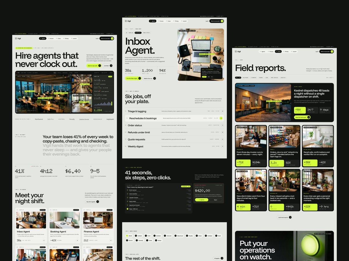 MTilavoff's tweet photo. Vigil is a @framer  template for #AIAutomation  agencies and #opsstudios that want to look like the real thing — not another purple-glow #SaaS page https://t.co/GVx1YVLIvt