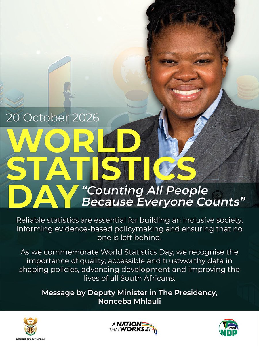 StatsSA's tweet photo. WORLD STATISTICS DAY | 20 OCTOBER 2026

Counting All People Because Everyone Counts.

Today, we commemorate World Statistics Day and recognise the vital role that reliable, accurate and inclusive statistics play in shaping policies, informing decision-making and advancing South Africa’s development.

Quality statistics provide a clearer picture of our society, helping government understand the needs of our people, measure progress and ensure that planning and service delivery respond to the realities of all communities.

As we reflect on the importance of data, we reaffirm the need to ensure that every person is counted and that no one is left behind. Through the work of Statistics South Africa, reliable data remains essential to building an inclusive society and improving the lives of all South Africans.

Counting all people because everyone counts.

#StatsSA #KnowYourStatsZA #WorldStatisticsDay #StatisticsSA #EveryoneCounts #PresidencyZA