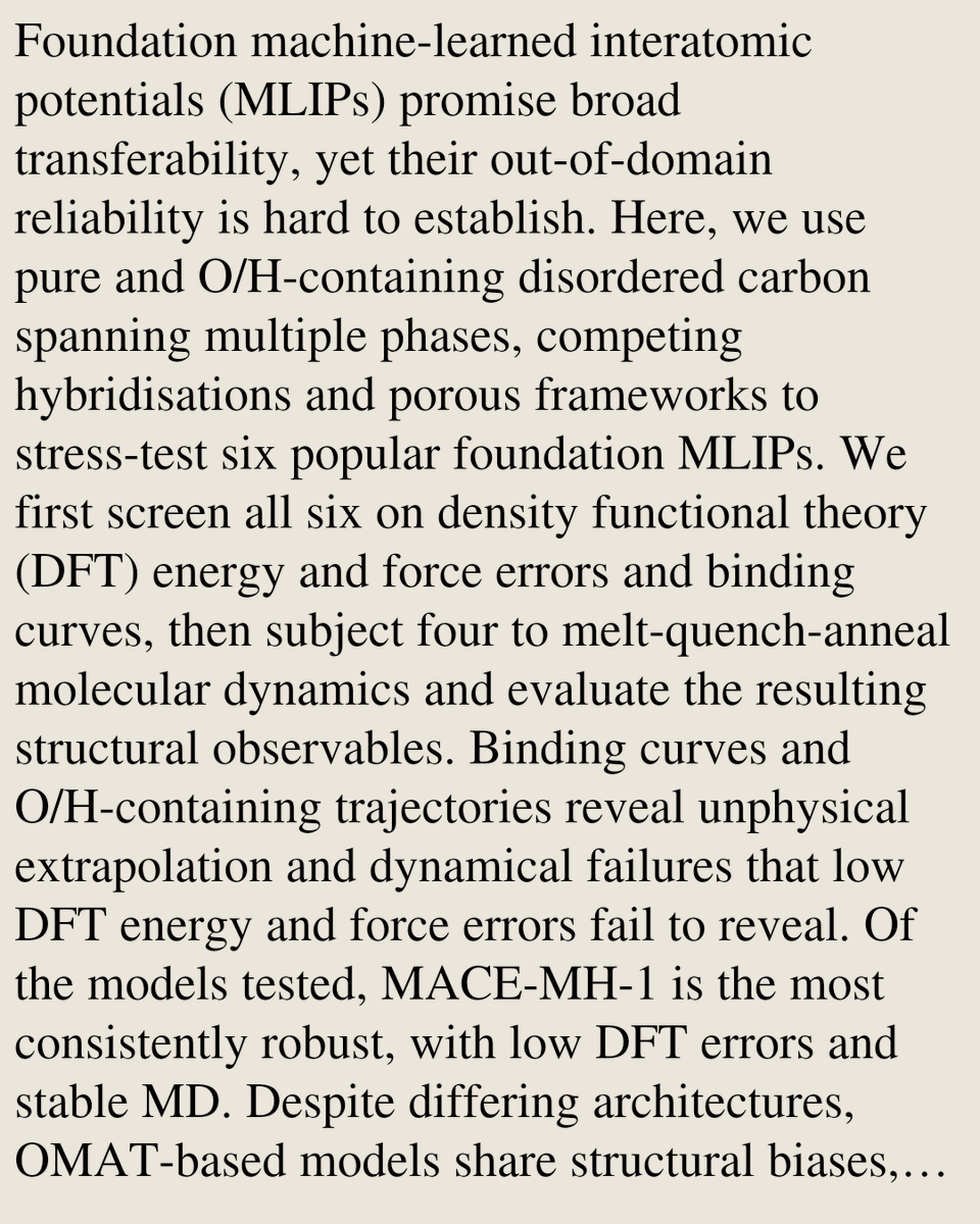 ChemPhyPapers's tweet photo. Challenging Atomistic Foundation Models on Disordered Carbons

Joseph Hart, Samuel G. H. Brookes, Fabian L. Thiemann, Christoph Schran
https://t.co/Q1XTWegpmr [𝚙𝚑𝚢𝚜𝚒𝚌𝚜.𝚌𝚑𝚎𝚖-𝚙𝚑 𝚌𝚘𝚗𝚍-𝚖𝚊𝚝.𝚖𝚝𝚛𝚕-𝚜𝚌𝚒 𝚙𝚑𝚢𝚜𝚒𝚌𝚜.𝚌𝚘𝚖𝚙-𝚙𝚑] https://t.co/yvuLbczIZn