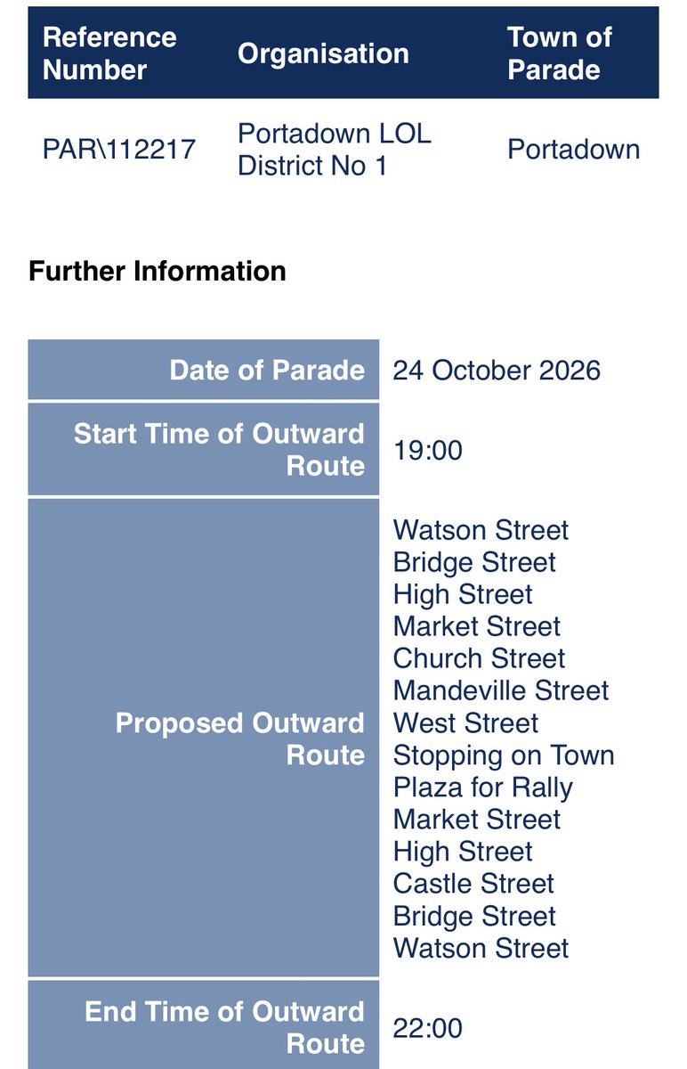 BBCMarkSimpson's tweet photo. Portadown parade listed on Parades Commission website for 7pm in town centre on Saturday evening. 📌

https://t.co/oKGZLt9hrE https://t.co/5gDSJb84nw