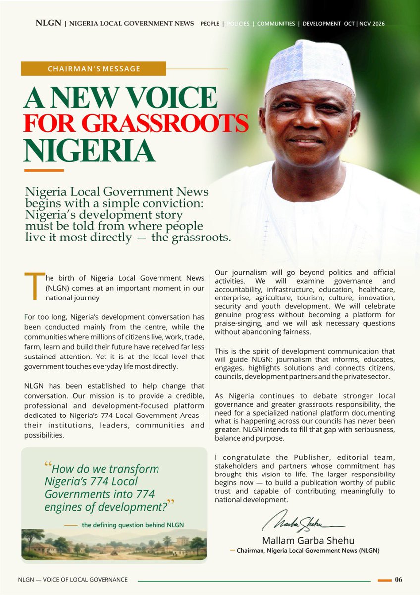 GarShehu's tweet photo. Dear Colleagues, 
I am introducing to you an entirely new publication, The Nigerian Local Government News, of which I am chairman, and my friend form the Jackson School of Journalism, University of Nigeria, Nsukka, David Tosin Bakare as the Publisher/Editor-in-Chief. 

The multi- media publication is set to build Africa's first authentic Development Communication media ecosystem using the Nigeria Local Government News as the flagship brand for now. 

In addition to his extensive journalism practice, Bakare had served as Brand Manager and later, Head of Marketing at Nigerian Breweries Plc ( Ota). He was also a Marketing Manager at Euroglobal Distilleries, Ota, Ogun State. 

The introduction of the magazine arm on October 24 which is the World's Development Information Day is intended to underscore the development orientation of the media chain, and bring it to global awareness and attention of Development Partners.

A national launching will follow in Abuja  in the coming weeks. 
Best Regards.