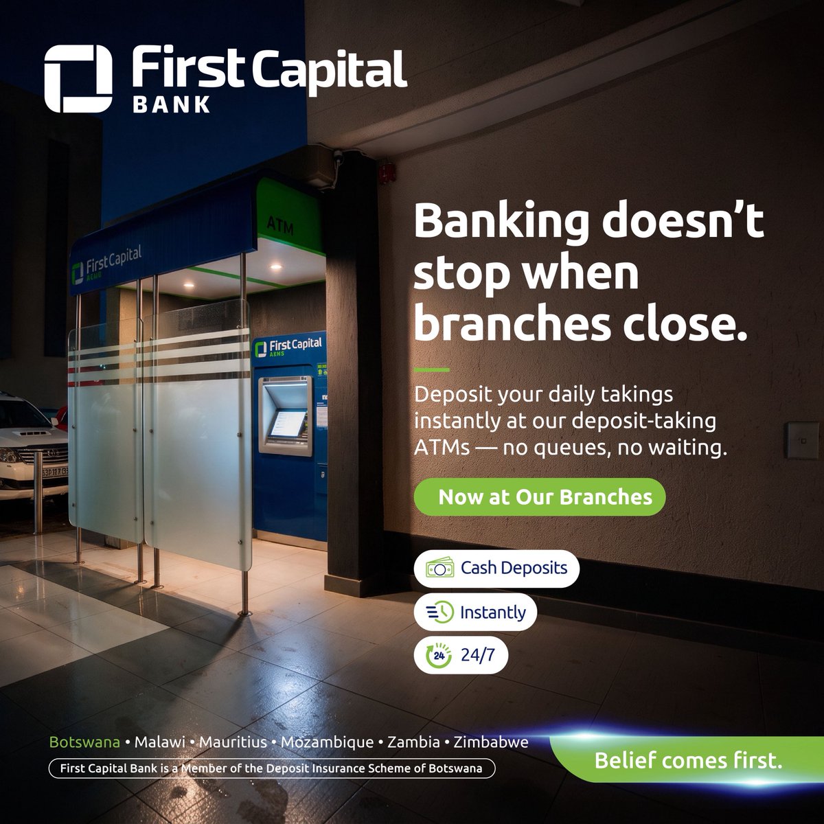 FirstCapital_Bw's tweet photo. Still planning your day around a bank visit to deposit cash? 

Skip the queue and deposit your cash at a Deposit-Taking ATM instead. It’s a simple, secure and convenient way to make deposits when it suits you.

#DepositTakingATMs #BeliefComesFirst #FirstCapitalBank https://t.co/ylg4DDA5x3