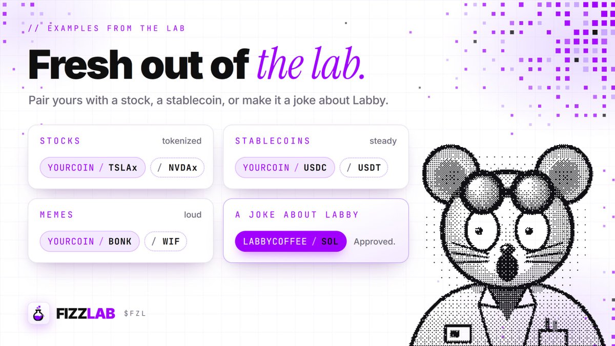 Fizzlab_'s tweet photo. The first coins are already coming out of the lab.
One paired with a stock, one paired with a stablecoin, one that is clearly a joke about Labby.
This is exactly what we built it for. https://t.co/7hGUawlugg