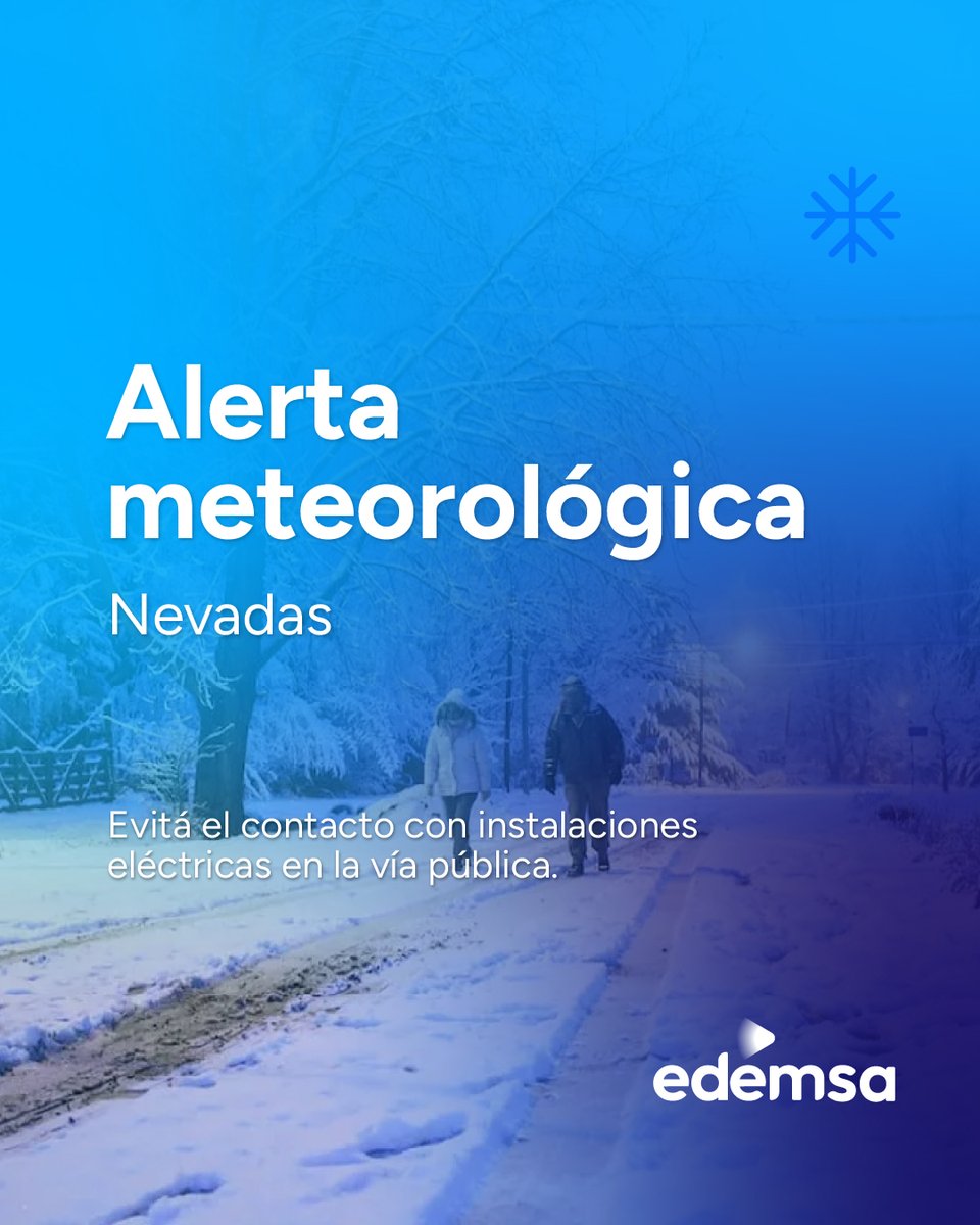 Edemsa's tweet photo. #AlertaMeteorológica El Servicio Meteorológico Nacional (SMN) y Defensa Civil Mendoza emitieron alerta amarilla por nevadas y naranja por tormentas afectando territorio Provincial.

📲 Realizá tu reclamo por WhatsApp ante problemas en el suministro: 2613435647 💡 https://t.co/JfCUB0cUKp