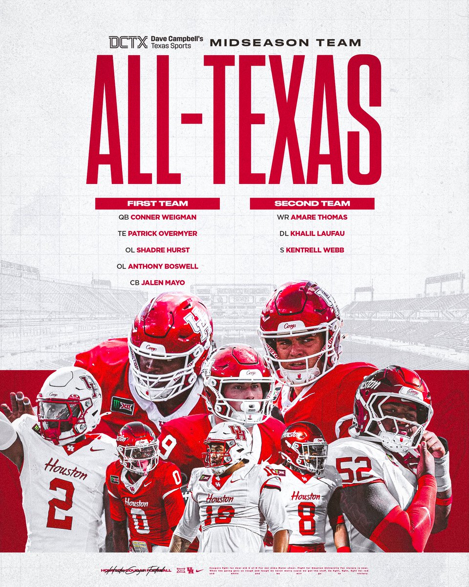 UHCougarFB's tweet photo. 8️⃣ Coogs land on @dctf Mid Season All-Texas Team!👏

#BuiltByHouston x #GoCoogs https://t.co/7mMV4x7iWC