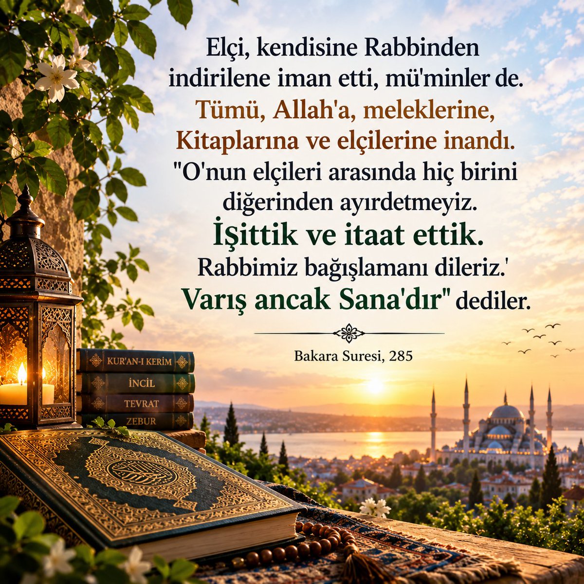 suhedaalp's tweet photo. Elçi, kendisine Rabbinden indirilene iman etti, mü'minler de. Tümü, Allah'a, meleklerine, Kitaplarına ve elçilerine inandı. "O'nun elçileri arasında hiç birini diğerinden ayırdetmeyiz. İşittik ve itaat ettik. Rabbimiz bağışlamanı dileriz. Varış ancak Sana'dır" dediler.Bakara 285 https://t.co/Qb2y6gT06a