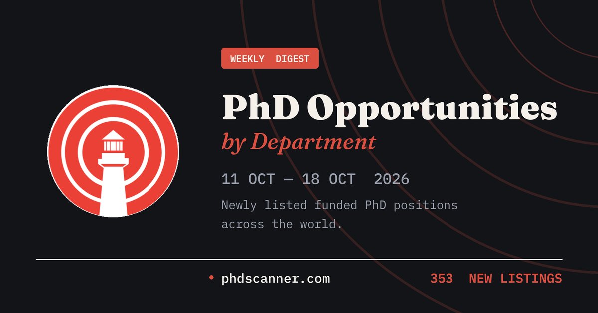 PhdScanner's tweet photo. 🎓 New PhD Opportunities This Week — 353 openings worldwide! - By department (11–18 Oct 2026):

• Biomedical Sciences — 53
https://t.co/gJBuiGhzxH
• Physics and Astronomy — 36
https://t.co/LpOzRwvGVR
• Electrical and Electronics Engineering — 30
https://t.co/mSE8EtLBjr
• Computer Science — 25
https://t.co/QUUQsz98sM
• Mechanical Engineering — 21
https://t.co/eD8RUYMLEM
• Artificial Intelligence and Machine Learning — 18
https://t.co/cRSyfa5xkX
• Biomedical Engineering — 18
https://t.co/m19ISeF7Gn
• Chemistry (Organic, Inorganic) — 15
https://t.co/D9FVAibKoY
• Business Administration — 12
https://t.co/hzHKIICLNL
• Chemical Engineering — 10
https://t.co/MUcSr2aLbg
• Environmental Policy — 10
https://t.co/5RahmmGZ29
• Engineering — 10
https://t.co/KvGKPus2ov
• Materials Science and Nanotechnology — 8
https://t.co/YfRNhBqHfk
• Ecology and Biodiversity — 8
https://t.co/2HitnnTMpQ
• Veterinary Sciences — 6
https://t.co/tX1rKzNI2g
• Food Sciences and Technology — 6
https://t.co/aj9g2dyPAA
• Sociology and Anthropology — 6
https://t.co/TvDompNfcz
• Architecture and Urban Planning — 5
https://t.co/xzsahYRBnb
• Geology and Earth Sciences — 5
https://t.co/h0Z4lzI2PG
• Nursing and Healthcare Management — 4
https://t.co/HwvweiYelO
• Clinical Research and Medicine — 4
https://t.co/GBNGPkqMh3
• Molecular Biology — 4
https://t.co/mDGRtoNsXs
• Genetics and Genomics — 4
https://t.co/QSQuYJHqKa
• Climate Change and Sustainability — 4
https://t.co/4m7CUWQlE7
• Mental Health and Psychology — 3
https://t.co/S7pX7ywr4s
• Bioinformatics and Computational Biology — 3
https://t.co/gg23r2f9kN
• Civil Engineering — 3
https://t.co/ZWnphW7BHN
• Political Science and International Relations — 3
https://t.co/uhNg6eMK4v
• Mathematics and Statistics — 2
https://t.co/AAorof7Csk
• Robotics and Automation — 2
https://t.co/aGq94ayECD
• History and Archaeology — 2
https://t.co/V0BiNiztBM
• Agronomy and Crop Science — 2
https://t.co/MGmEfIkXHC
• Agriculture — 2
https://t.co/7Qze2vvoMK
• Digital Humanities — 1
https://t.co/eBbthKwMhr
• Economics — 1
https://t.co/oc1VIgPnTD
• Educational Technology — 1
https://t.co/98v4imkXAi
• Cancer Biology — 1
https://t.co/f7RCwp7ZFY
• Gender and Diversity Studies — 1
https://t.co/xIe0vDG7mR
• Human-Computer Interaction — 1
https://t.co/F1jjn0Kvqs
• Marine Sciences — 1
https://t.co/kKCDADopaV
• Renewable Energy Engineering — 1
https://t.co/emDG02mlJ8
• Communication and Linguistics — 1
https://t.co/ULaJ9KmvaL

👉 Browse all new PhD positions at https://t.co/hQSjuN2WDG
💬 Join our WhatsApp channel for daily updates: https://t.co/d89Rl8ueXq

#PhD #AcademicJobs #PhDPosition #Research #HigherEducation