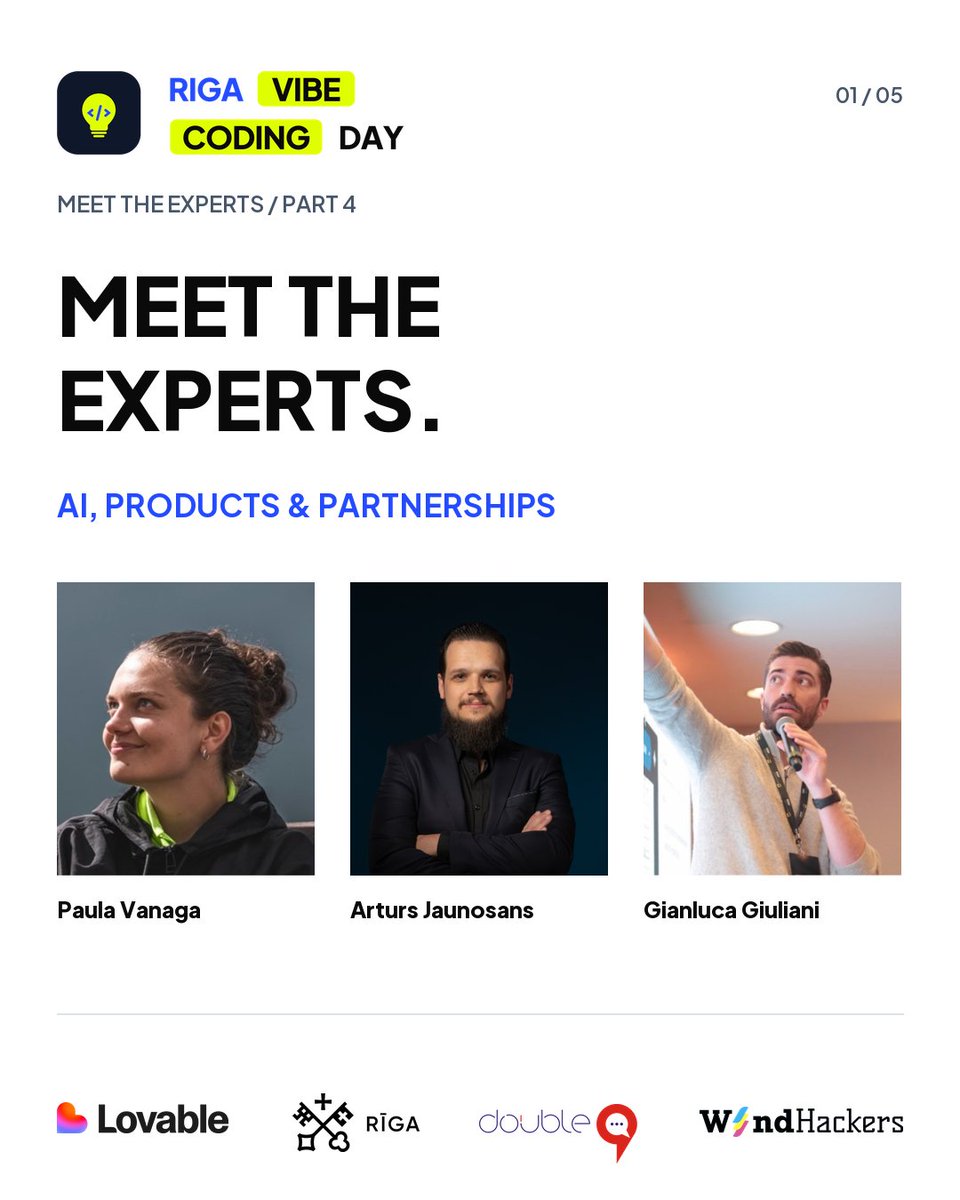 windhackers's tweet photo. Meet Paula Vanaga, Arturs Jaunosans and Gianluca Giuliani at Riga Vibe Coding Day.
24 Oct · Riga · Free.
Apply by 21 Oct: https://t.co/ejvXP52PP0
#RigaVibeCodingDay #VibeCoding #BuildWithAI #Riga https://t.co/KBg9QEkFT6