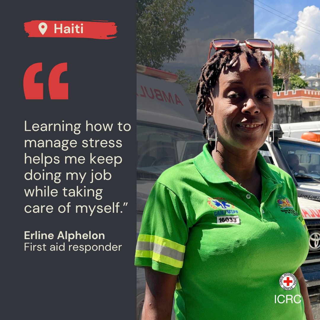 ICRC's tweet photo. 📍 Haiti | Erline faces threats and violence while responding to emergencies by ambulance. The fear and stress don’t end when the call is over.
 
Through our “Helping the Helpers” programme, we provide psychosocial support to first responders like Erline. https://t.co/YdKQ7HiJlk
