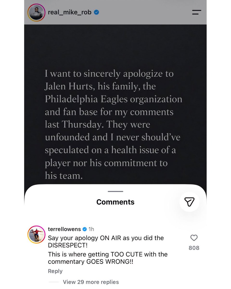 _EagleTimes's tweet photo. T.O. isn't letting this one slide 😳

Michael Robinson apologized for his Jalen Hurts comments. Terrell Owens' response:

"Say your comments ON AIR as you did the DISRESPECT! This is where getting TOO CUTE with the commentary GOES WRONG!!"

Should Robinson have to apologize on air?