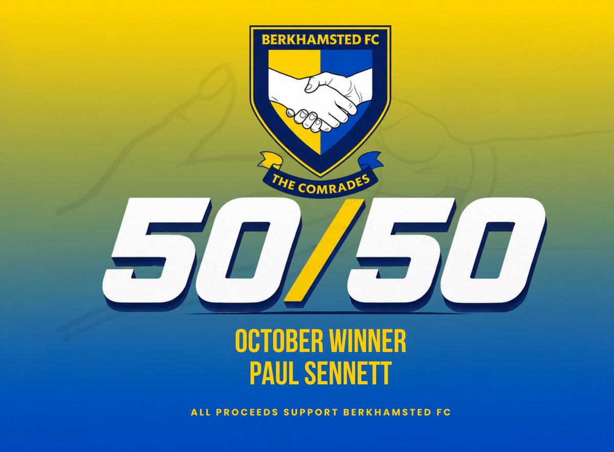 BerkoFC's tweet photo. 💙💛 YOU WIN, WE ALL WIN!

🎉 Congratulations to Paul Sennett, our October 50/50 draw winner! 💰

A huge thank you to everyone who entered and continues to support the Comrades!

Every ticket purchased helps raise vital funds for Berkhamsted FC, so even if you don’t take home the prize, you’re still backing your club! 👏

Keep your eyes peeled for our next draw – you could be our next lucky winner! 👀

#UpTheComrades #BerkoFC #5050Draw
