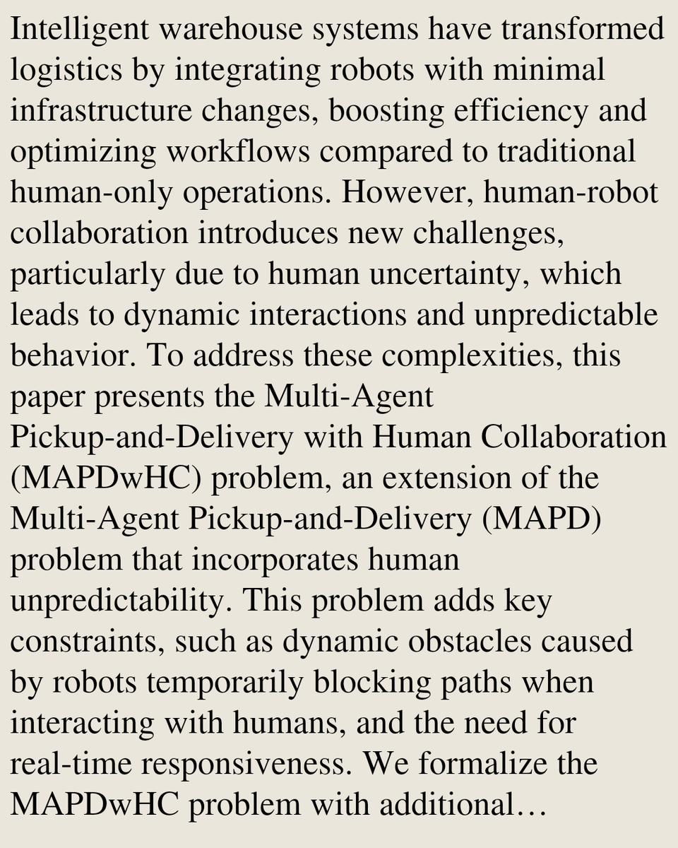 PIN's tweet photo. CARVS: A Congestion-Aware Algorithm for Online Multi-Agent Pickup-and-Delivery in Human-Collaborative Warehouses

Chaoran Li, Zeyuan Zhao, Shao Zhang
https://t.co/ZWFnTxNlxF [𝚌𝚜.𝙼𝙰 𝚌𝚜.𝙰𝙸 𝚌𝚜.𝚁𝙾]
💬Accepted at DAI 2026 (Oral) https://t.co/cOEwd5rFNW
