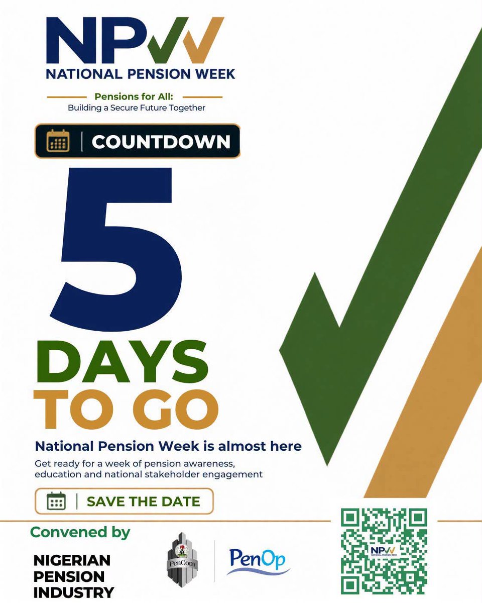 vgpensions1's tweet photo. Just 5 days to go! Get ready for National Pension Week 2026 as we champion pension awareness and a secure future for all Nigerians.
#NPW2026 #PensionsForAll #PenCom https://t.co/m3qtZckOnP