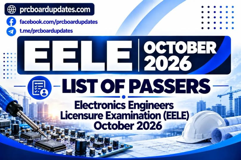 prcboardupdates's tweet photo. EELE October 2026
✔️ List of Passers: Electronics Engineers Licensure Examination 
✅ https://t.co/uG2AqM5A4s
#prcboardupdatesdotcom #prcboardupdates #EELE #electronicsengineering https://t.co/0cKExEqVKt