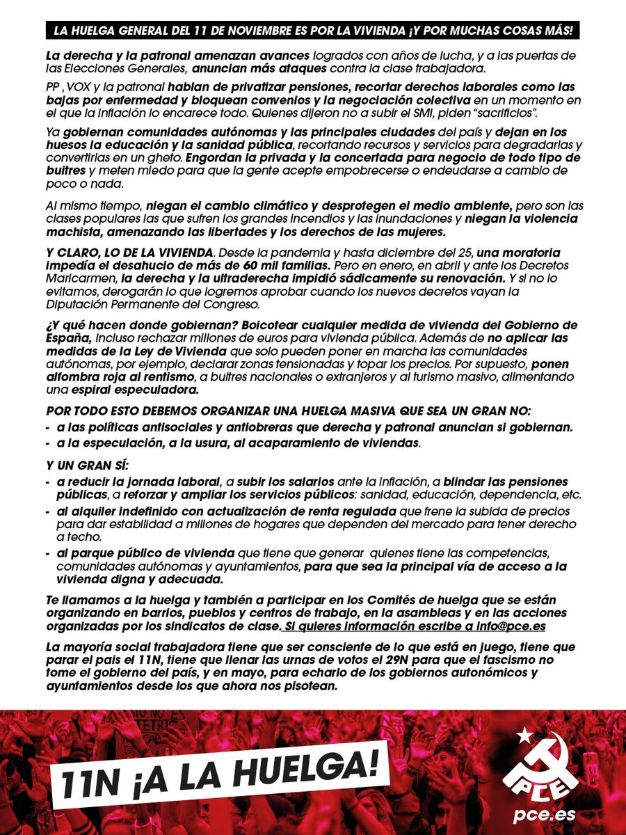 PCEmerida's tweet photo. 🙋‍♀️El 11 de noviembre, ¡toda la clase trabajadora a la Huelga General!

La reacción y la patronal quieren acabar con los avances conseguidos y amenazan con más ataques.

Por la vivienda, los salarios, los servicios públicos, las pensiones y mucho más... 👇

El #11N a la huelga🟥✊ https://t.co/uObmMifqcr