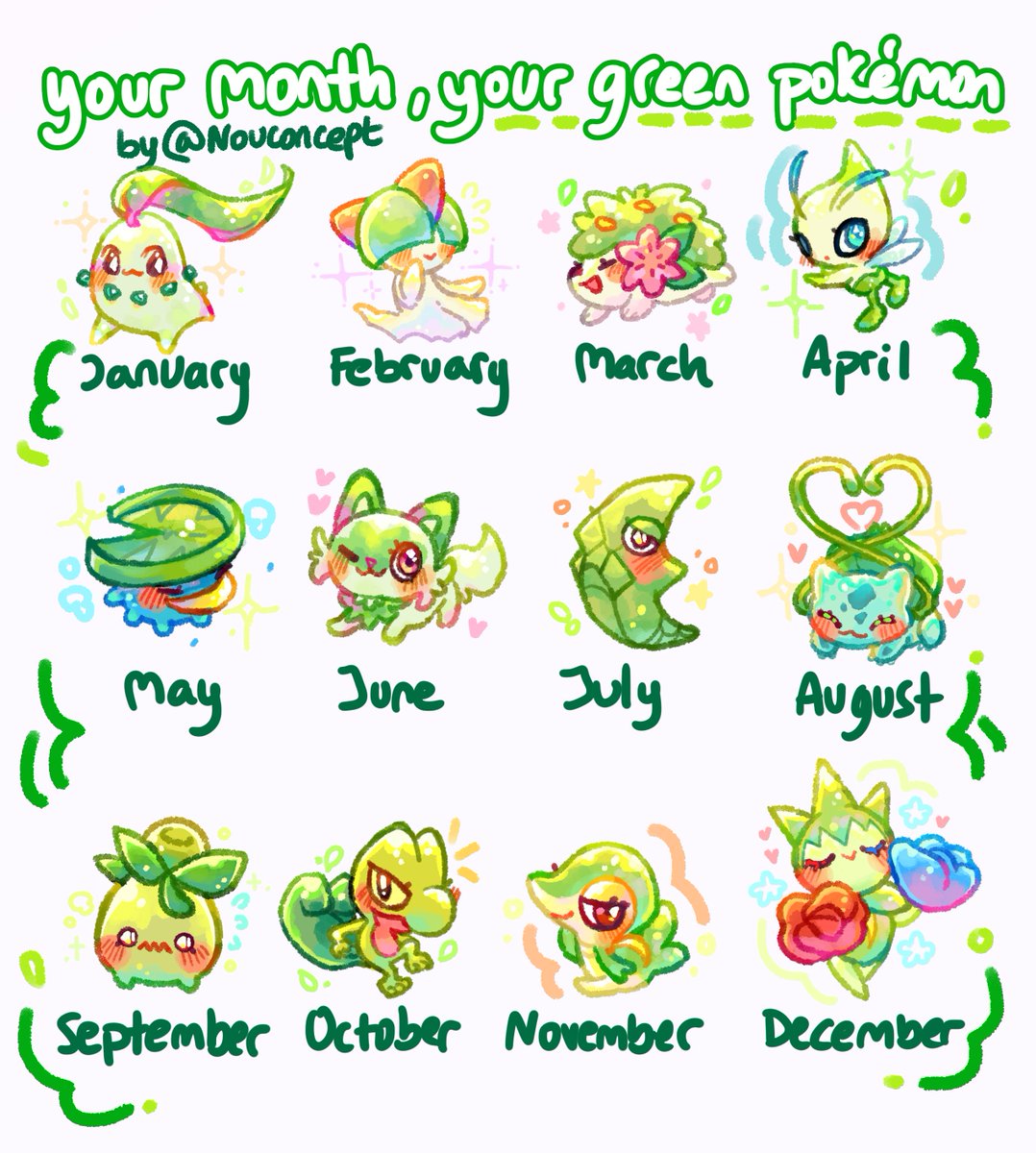 nouconcept's tweet photo. your birthday month, your green pókemon! 💚✨ which one did you get? https://t.co/utFO9HYNGH