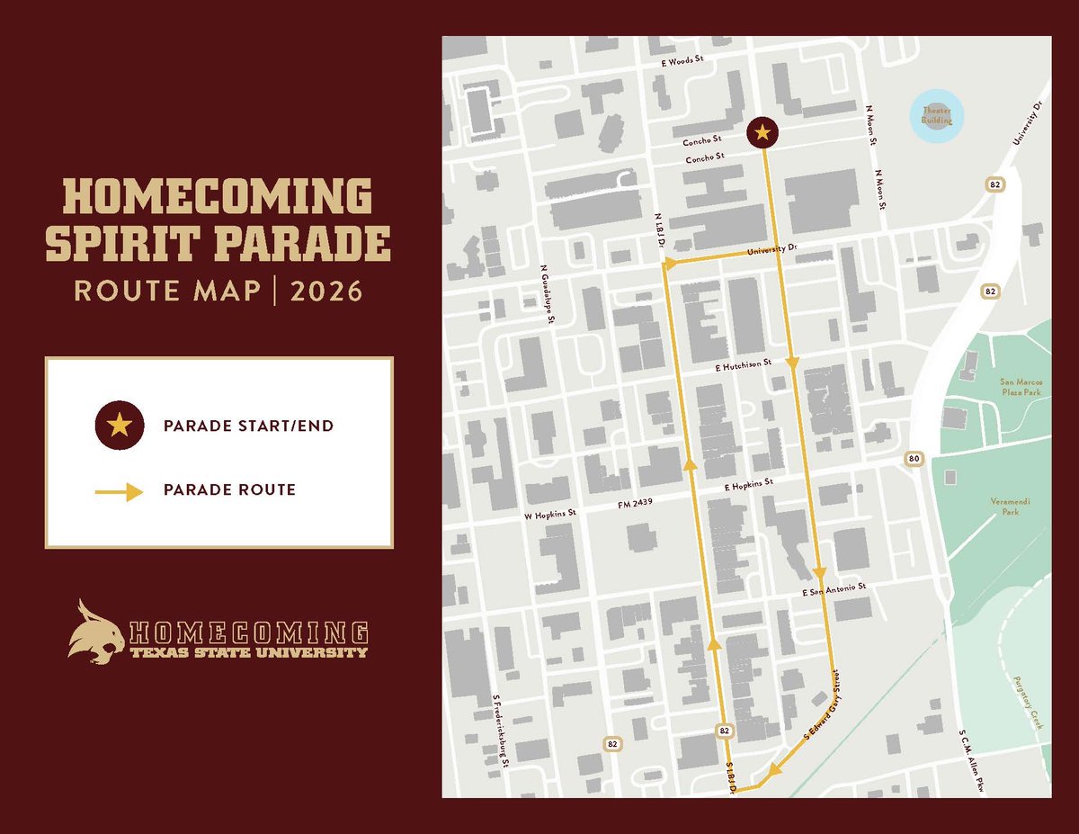 txst's tweet photo. This Saturday, Bobcats and the community take over downtown San Marcos for the new Homecoming Spirit Parade! 🐾 The parade rolls out at 9 a.m., tailgate at Boko’s Backyard starts at 12:30 p.m., and kickoff is at 6:30 p.m.

Parade route: https://t.co/L6gSuS3Wx1 https://t.co/pBRz57uOvZ