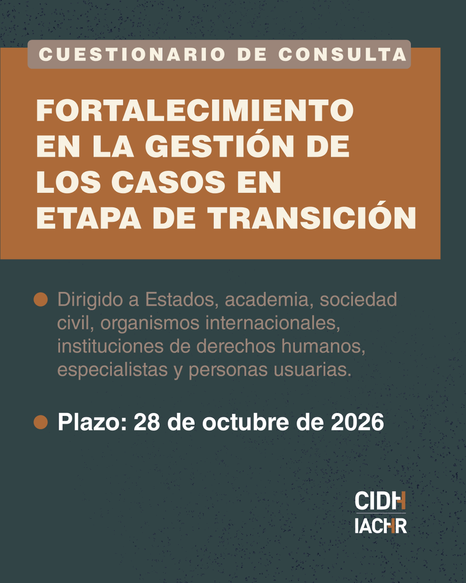 CIDH's tweet photo. 📢 La #CIDH invita a los Estados, la sociedad civil, las víctimas, la academia y otras personas interesadas a participar en la consulta pública sobre el fortalecimiento de la gestión de casos durante la fase de transición.

🗓️ Fecha límite: 28 de octubre.
🔗 Participa ahora: completa el cuestionario en línea https://t.co/05px9TjtJn