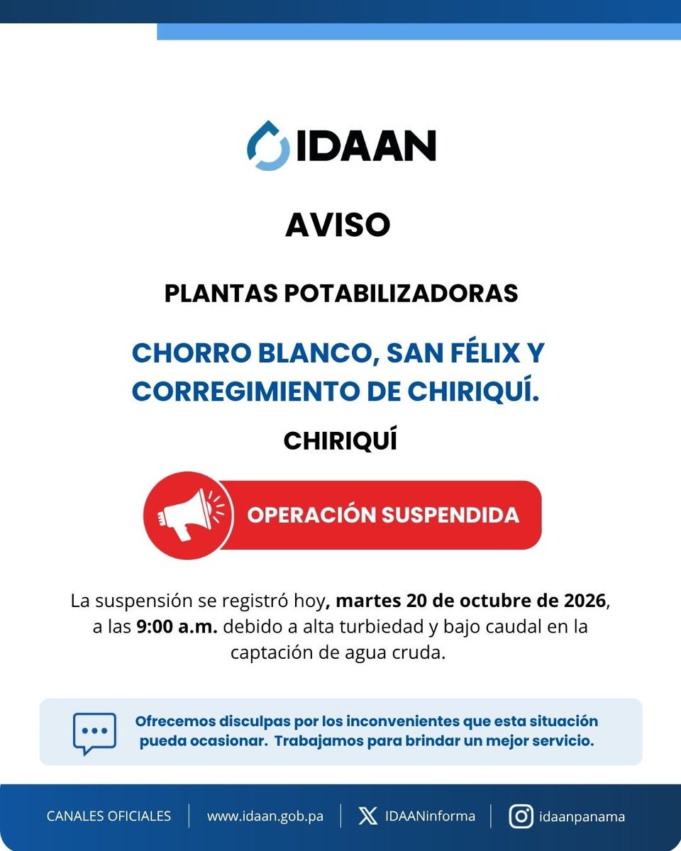 IDAANinforma's tweet photo. 📢 Plantas potabilizadoras de Chorro Blanco, San Félix y Corregimiento de Chiriqu�� en la provincia de Chiriquí, suspenden temporalmente sus operaciones debido al incremento de los niveles de turbiedad y bajo caudal en la captación de agua cruda. 

@311Panama https://t.co/0PjB4NX2ui