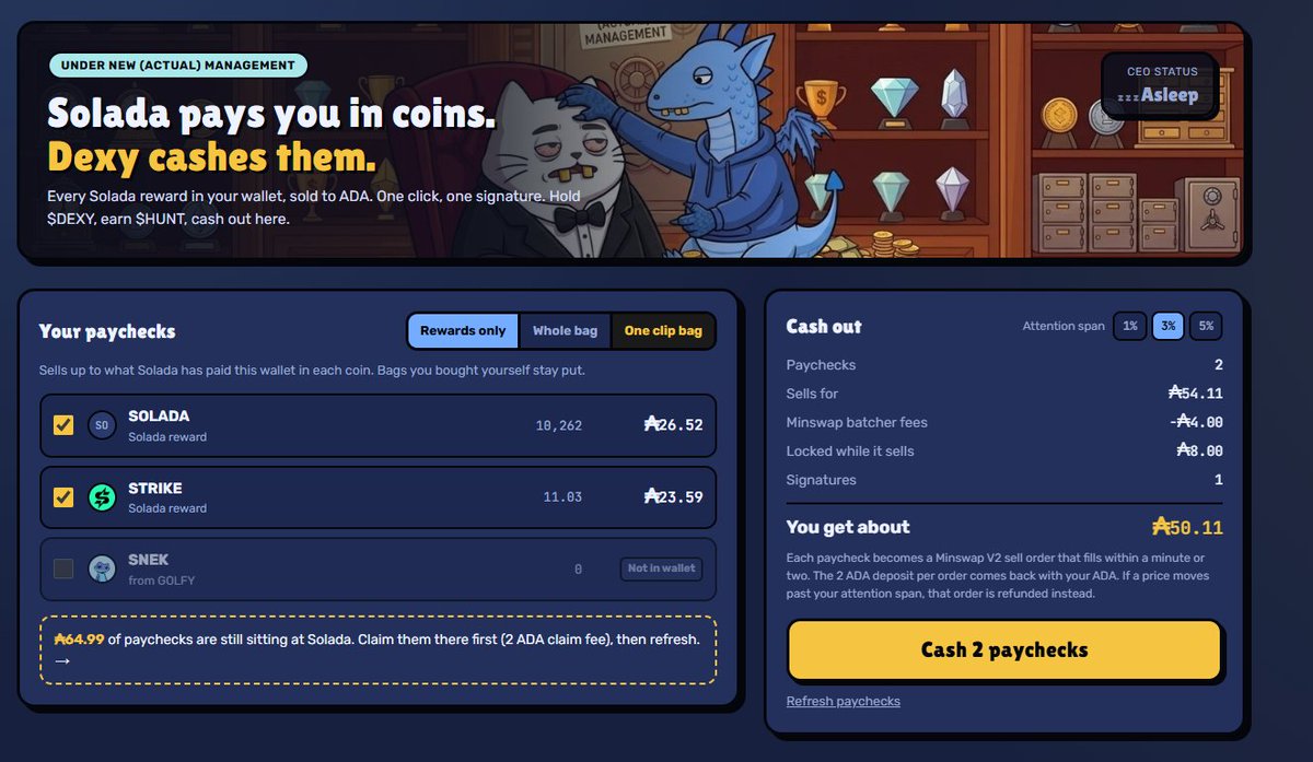 Dexyada's tweet photo. Just like daddy @melonaire, we KNOW you love to dump. 💦

Introducing… DEXYHUNTER 🎯

One clip. ALL your Solada rewards. ONE transaction.

Tired of signing 47 tickets just to dump your bags? 💀

One click and it’s OVER. Less signing, more dumping. 😈 https://t.co/QLnu69hK6g