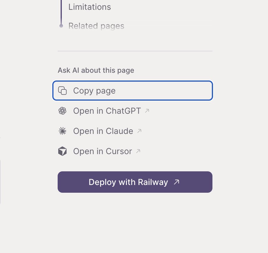 JacobColling's tweet photo. Small nitpick for @Railway  docs. Please dont make me scroll to the bottom of a long docs page to copy the page

On the IaC page the copy actions are fully buried https://t.co/tYMsycUX73