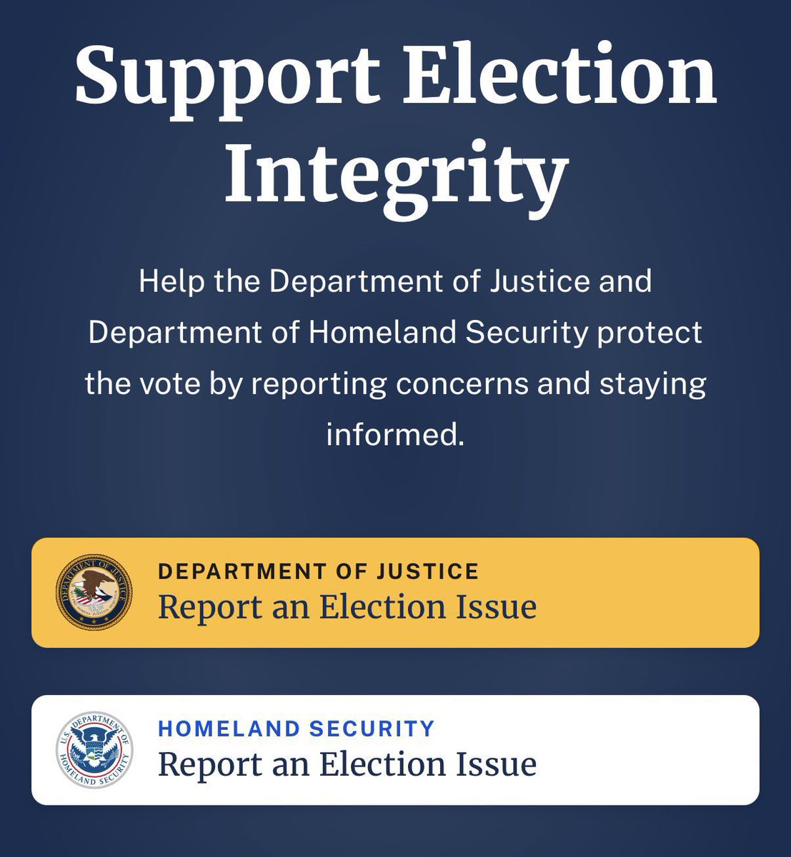 ScottPresler's tweet photo. 🚨REPORT AN ELECTION ISSUE🚨

If you encounter any non-citizen voting, mail-in ballot fraud, or any other election issues, start a report. 

If you’re a USPS worker & you encounter ballots marked “Return to Sender,” I highly encourage you to submit a report.

CC: Department of Justice 

⬇️

https://t.co/Z58duI4lXM