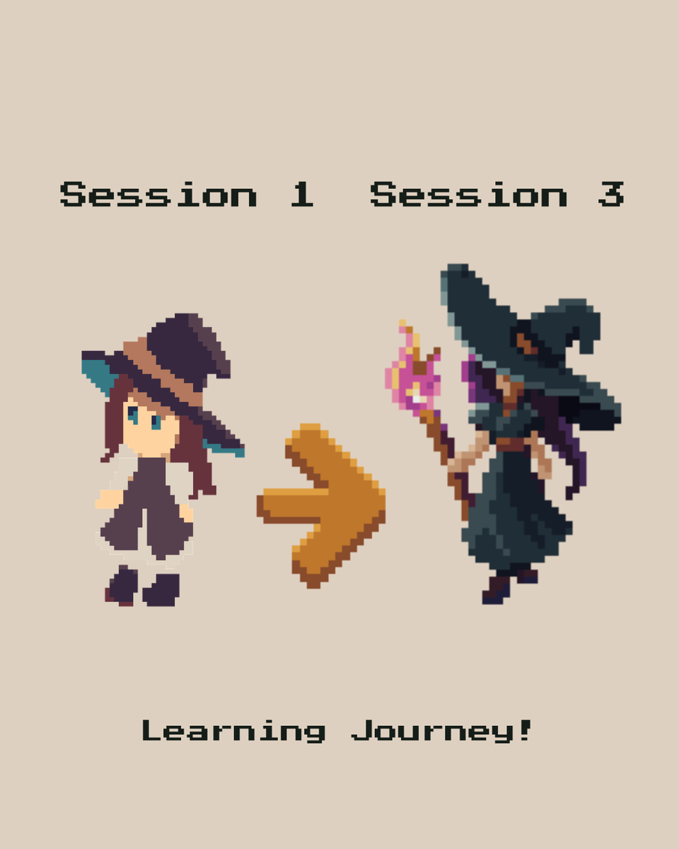 BrightWillowDev's tweet photo. Session 1 vs Session 3 of learning pixel art from scratch. I'm making a cozy witch game. In session 3 I tried a more realistic witch, plus a fire pit and cauldron for props. New palette next time. What should I draw next? #pixelart https://t.co/d38Yv0x9re