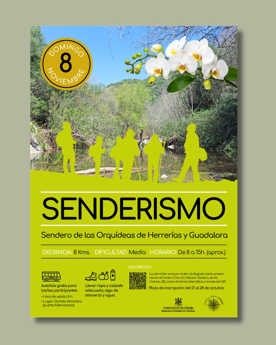 ParticipaCor's tweet photo. 🥾🌿 ¡Nos vamos de ruta con el Distrito Noroeste! Disfruta del Sendero de las Orquídeas de Herrerías y Guadalora.
🗓️ Domingo 8 de noviembre | 08:00 h🚌 Bus gratis: Glorieta Amadora✍️ Inscripción: C.C. Norte o QR
¡Plazas limitadas, haz barrio! 🙌✨ #Córdoba https://t.co/19Koq2OO2m