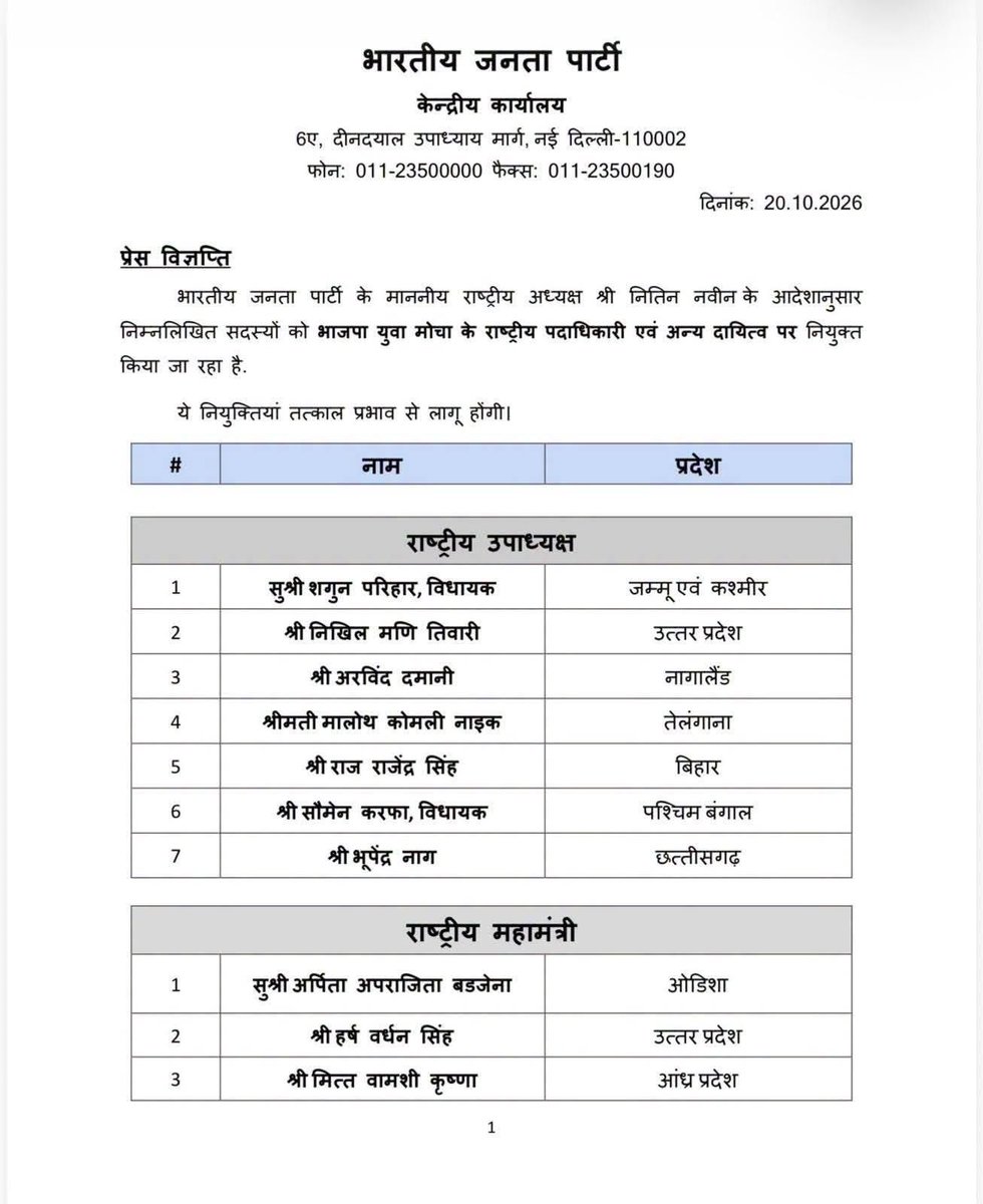 _theamanrai's tweet photo. भारतीय जनता युवा मोर्चा के सभी नवनियुक्त राष्ट्रीय पदाधिकारियों को हार्दिक शुभकामनाएँ एवं बधाई।
@BJYM @MPBJYM @shyamtailorsjr @drhemangjoshimp https://t.co/sNqHM2bp3Y