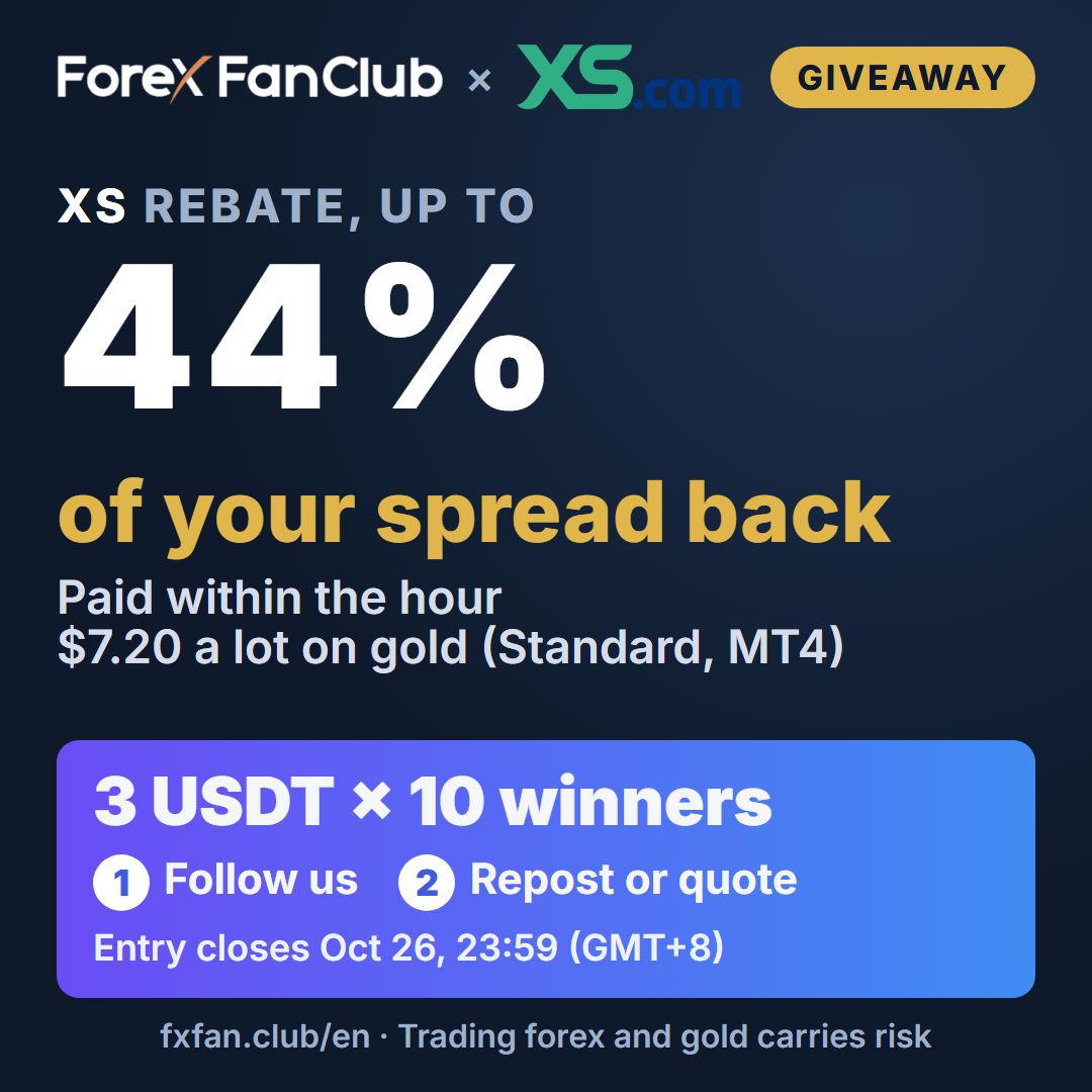 trade_fxfanclub's tweet photo. XS rebate through ForexFanClub
Open your XS trading account through us, and up to 44% of your spread comes back to your XS wallet within the hour.
How it works: link in the reply below.

Giveaway: 3 USDT for 10 winners
1. Follow @trade_fxfanclub
2. Repost or quote this post
Entry closes Oct 26, 23:59 (GMT+8).
Extra entries: reply to our other posts during the giveaway week. Each post you reply to adds 1 extra entry, up to 2. Replies with links, copied replies and replies under 4 words do not count.
Winners from the last 2 giveaways cannot win this round. One account per person.

We announce the winners on Oct 27 in a new post. Each winner replies there with a USDT address on the Polygon network.
We never ask for your private key, your seed phrase or any payment. Our only account is @trade_fxfanclub. Ignore any other account that says you won.
Trading forex and gold carries risk.
#Forex #Gold #XAUUSD #XS