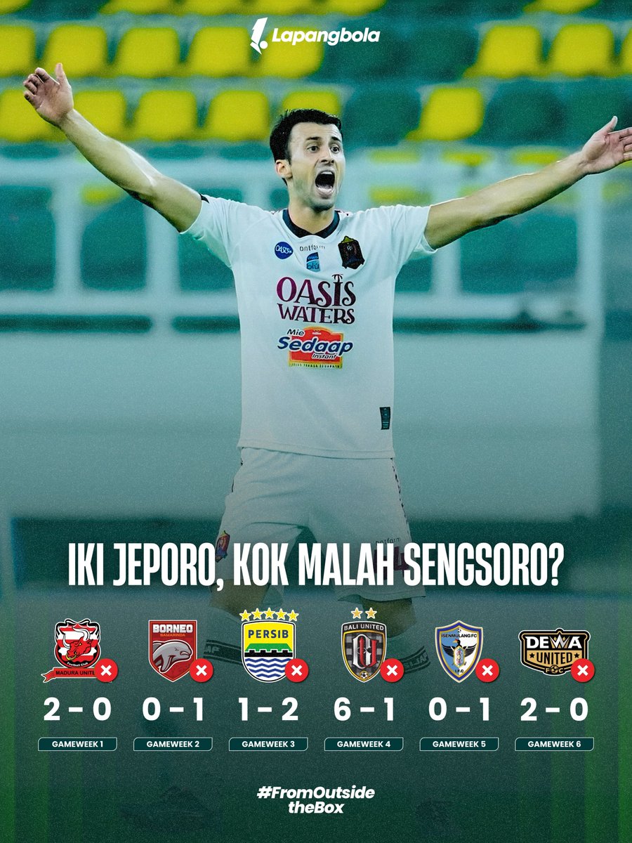 lapangbolastats's tweet photo. IKI JEPORO, KOK MALAH SENGSORO? 😬

Enam laga beruntun, Persijap Jepara masih kesulitan meraih hasil positif. Menurut kalian, apa yang paling perlu dibenahi Persijap agar bisa segera bangkit?

#Lapangbola #FromOutsidetheBox https://t.co/e5A25W6ail