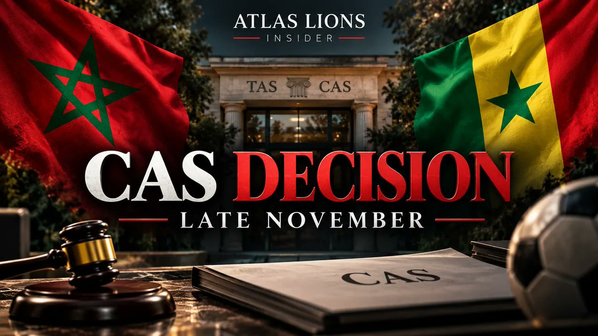 AtlasLionsNews's tweet photo. 🇲🇦🇸🇳 CAS UPDATE: The wait continues.
The Court of Arbitration for Sport expects its decision on Senegal's appeal over the disputed AFCON final toward the end of November
The October 8 hearing is complete. Arbitrators are still deliberating
⚖️ No verdict yet
#AFCON #AtlasLions https://t.co/1u4tFUIIlY