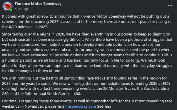 savethespeedway's tweet photo. In a post on Facebook, Florence Motor Speedway announces they will not operate or schedule any races in 2027. 

#NASCAR https://t.co/PsxXf8UD4r