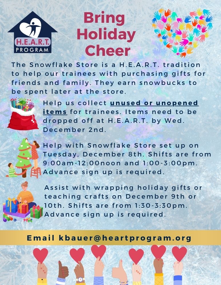 theheartprogram's tweet photo. Spread holiday cheer with H.E.A.R.T.! We’re looking for volunteers to help make our Snowflake Store a success on December 8th, 9th, and 10th. Join us for a fun and meaningful way to give back this season! 🎁❄️ Email kbauer@heartprogram.org to sign up. https://t.co/OdO4MCfHvm